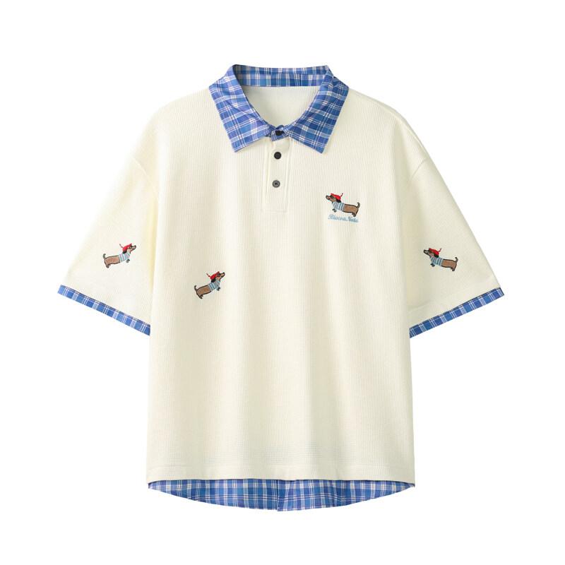 Korean Dog Embroidery Plaid Polo Short Sleeve T-Shirt Summer Retro Couple T-shirts Splicing Fake Two Pieces Simple Tops