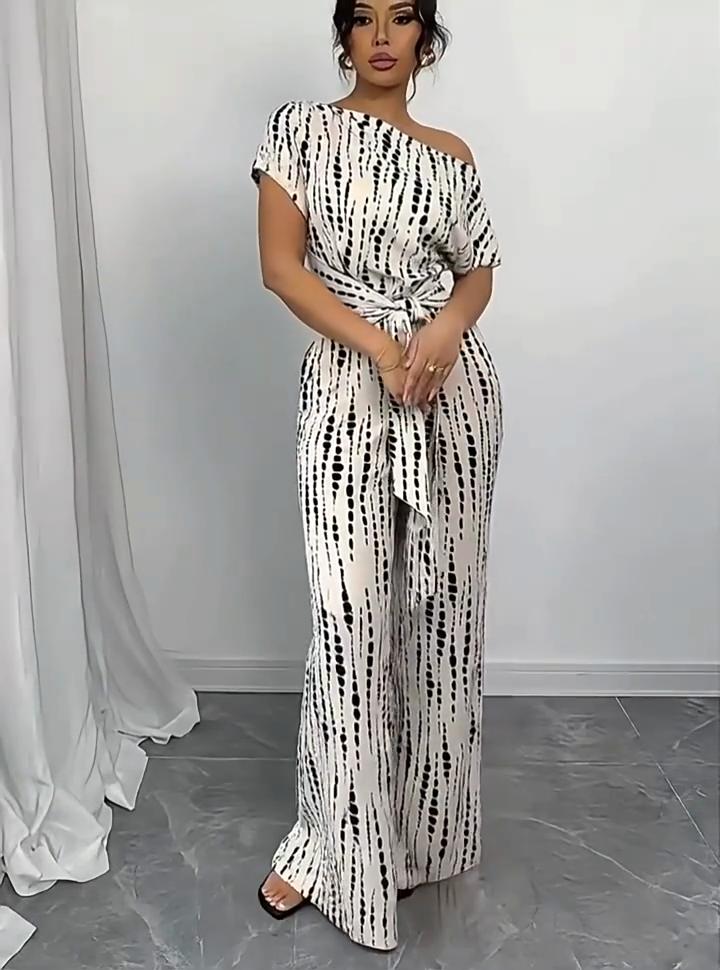 Gestreifter Jumpsuit Sommer Schrägschulter Bindung Weites Bein