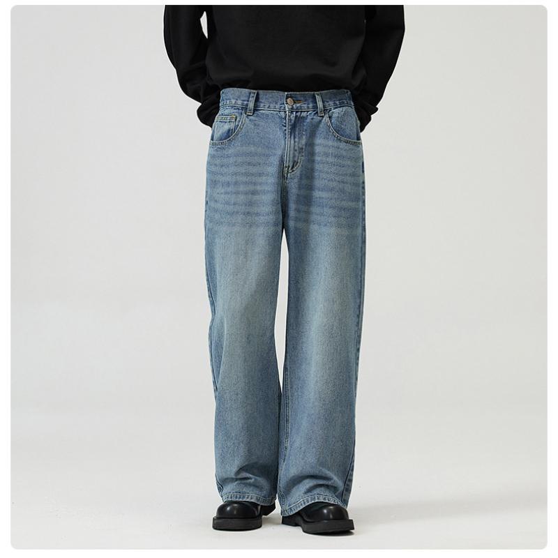 Simple Men's Denim Pants Casual Washing Solid Color Menswear Bottom Middle Waist Straight Wide Leg Loose Male Jeans 2025 Spring Autumn