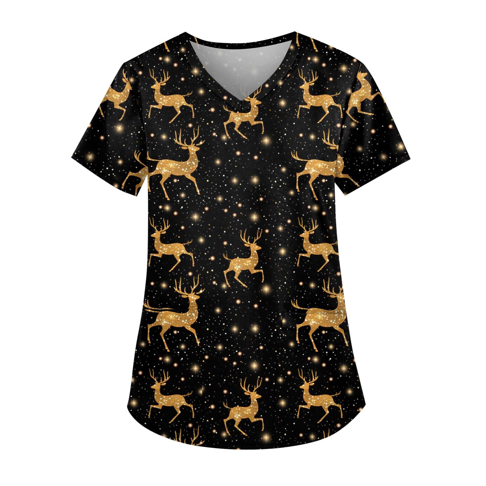 

Женская симпатичная рабочая одежда с принтом, V-образным вырезом, двухслойными карманами, базовым коротким рукавом, пуловером на Рождество XL