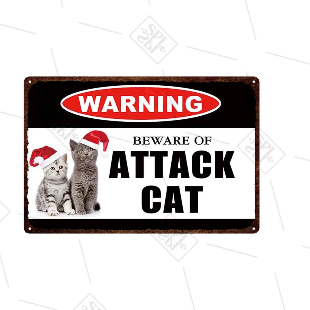 Pet Shop Warning Sign Beware of The Attack Cat Metal Sign Animals Tin Plate Pet Shop Wall Sticker Decoration Vintage Home Decor