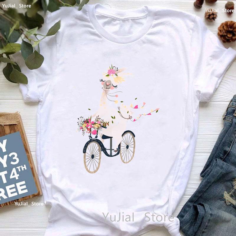 Kawaii Alpaca With Flowers And Coffee Print T Shirt Girls Summer Short Sleeve Tshirt Femme Fashion Tops Tee Shirt Female