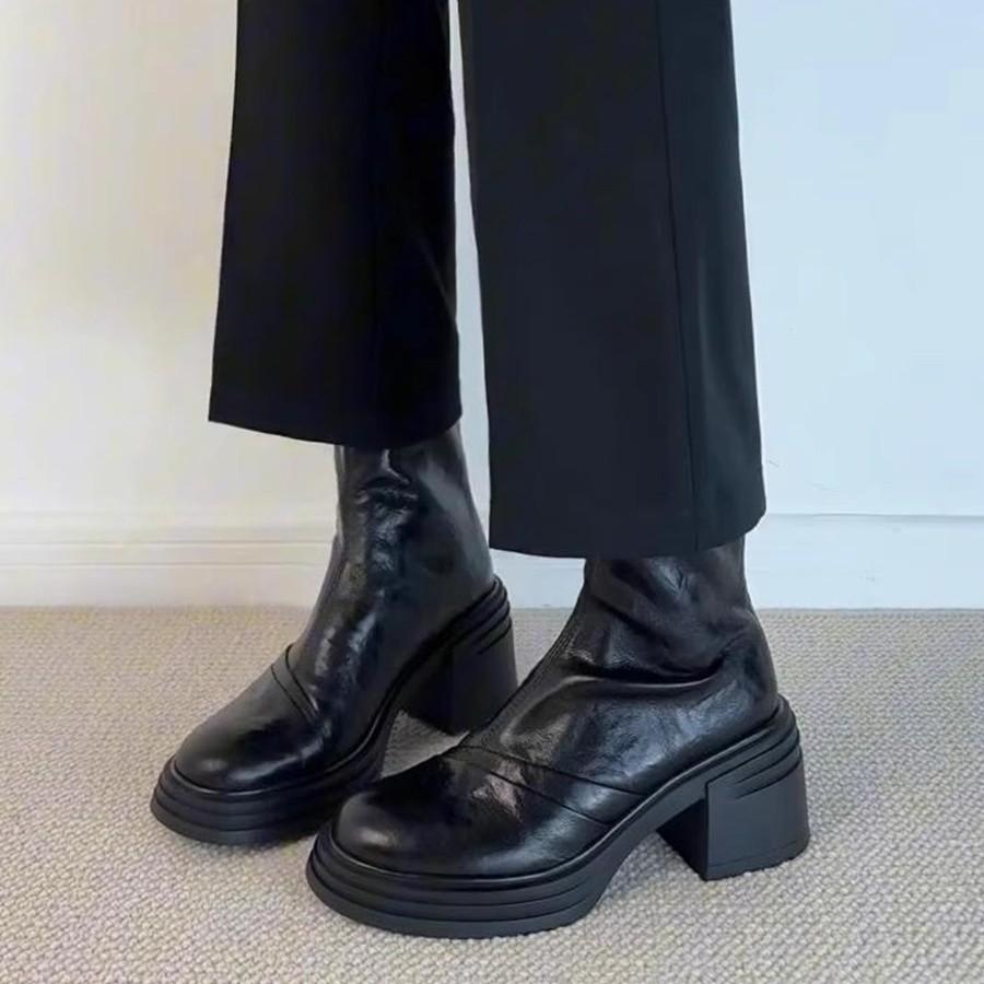 Blue Cabinet Edition~ Small Thick-soled Height-increasing Skinny Boots Women's Martin Boots British Retro Round Head Thick Heel Short Boots