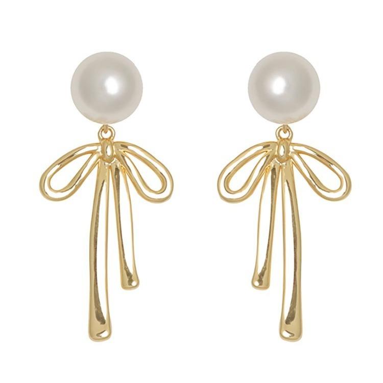 S Silver Needle Pearl Stud Earrings Are Gentle and Sweet Temperament Bow Earrings for Women, a Two-wear Earring Light Luxury