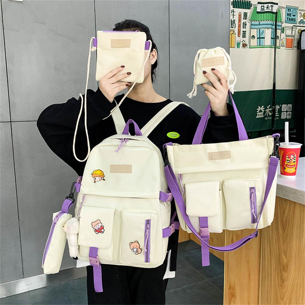 New Five-Piece Backpack Korean Style Contrast Color Canvas Bag