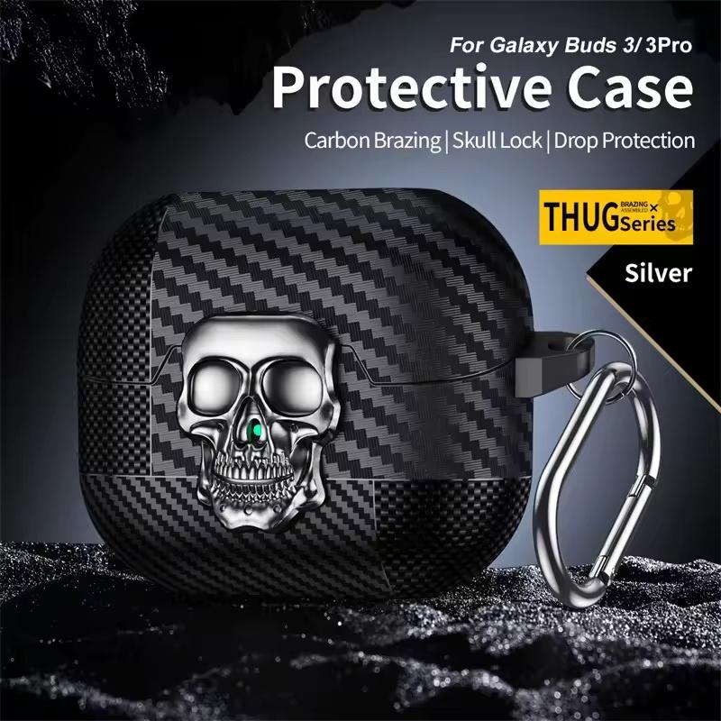 

Чехол из углеродного волокна и ТПУ для наушников Samsung Galaxy Buds 3 Pro Buds 3 FE, креативный поворотный металлический замок-череп, защитная крышка For Galaxy Buds 3FE серебряный