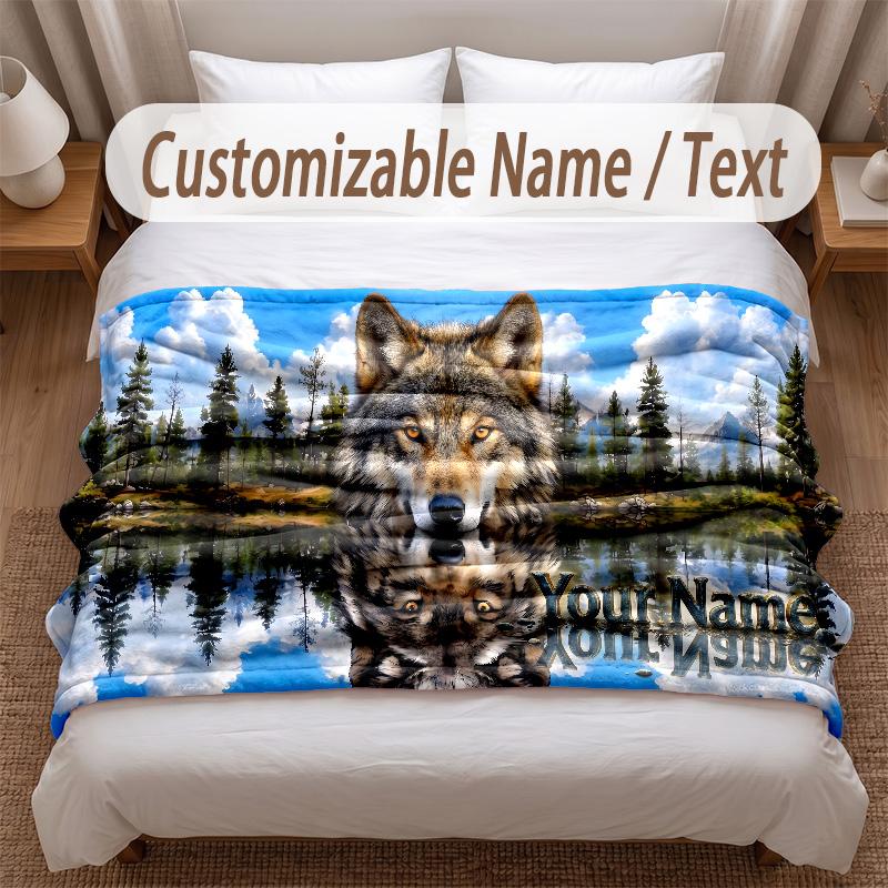 Wolf Theme Soft Blanket Personalized Custom Name Text Print Warm Blanket Home Sofa Bedroom Decor