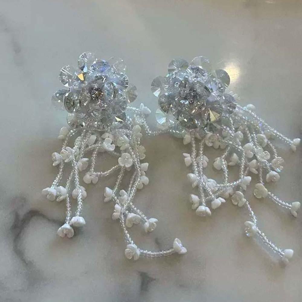 Zinc Zinc Alloy Crystal Beads Ear Drop Rhinestone Long Ear Drop Brilliant White Flower Earrings  Women