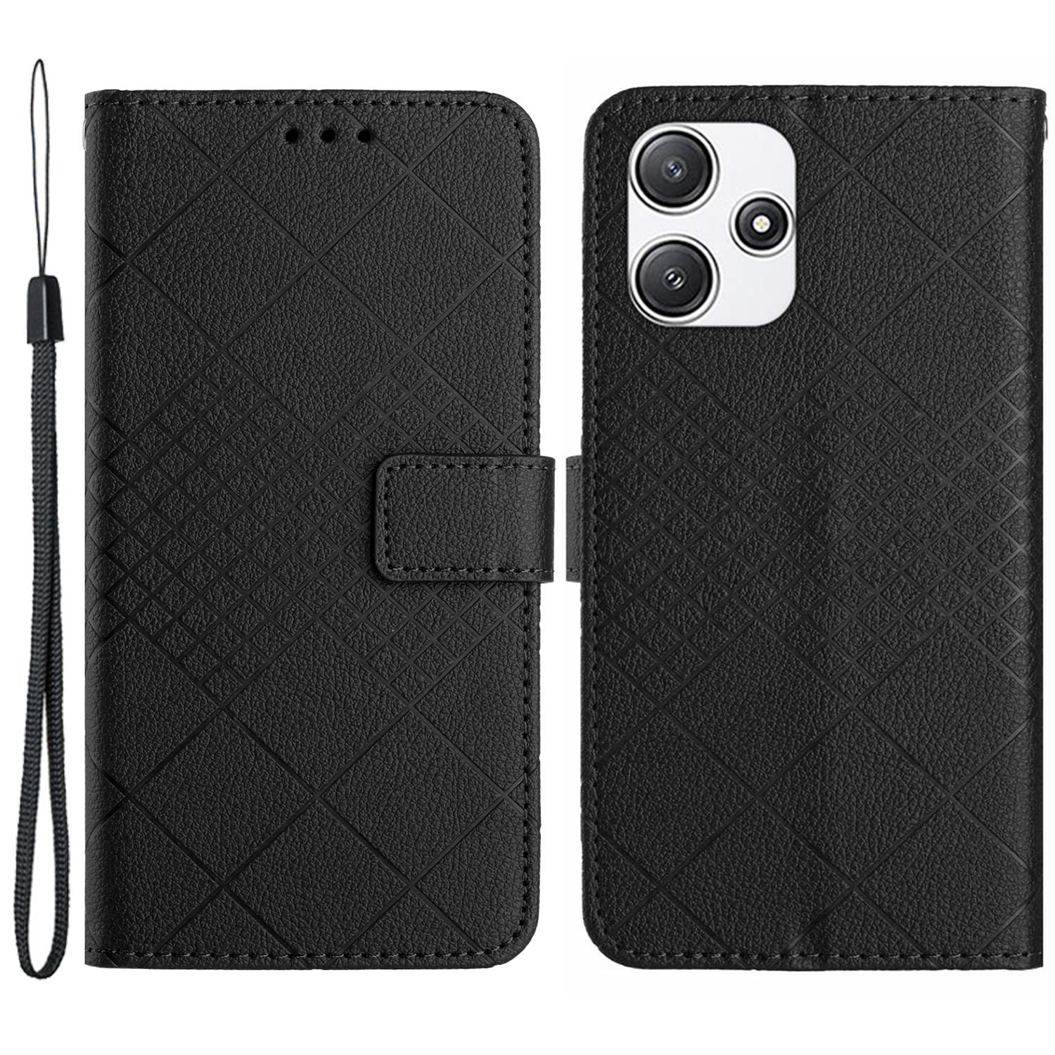 

HT06 For Xiaomi Redmi 12 4G/5G (Global)/Poco M6 Pro 5G Case Rhombus Imprinted Phone Leather Cover Black