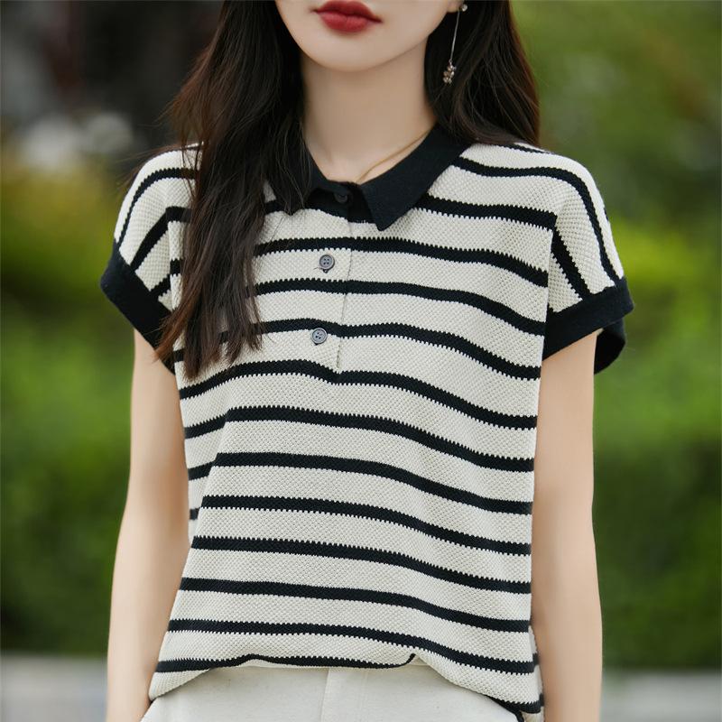 Guler POLO Bumbac Pur Tricotat Mânecă Scurtă Modă de Vară pentru Femei Versatil Tricou cu Dungi Absorbant de Transpirație Top Tricou de Bază