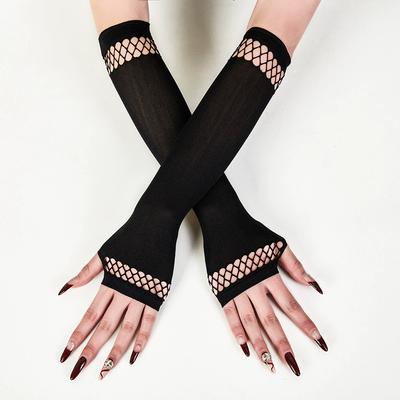 Black Fishnet Patchwork Arm Warmers, Fingerless Mesh Gloves for Punk&Gothic Style