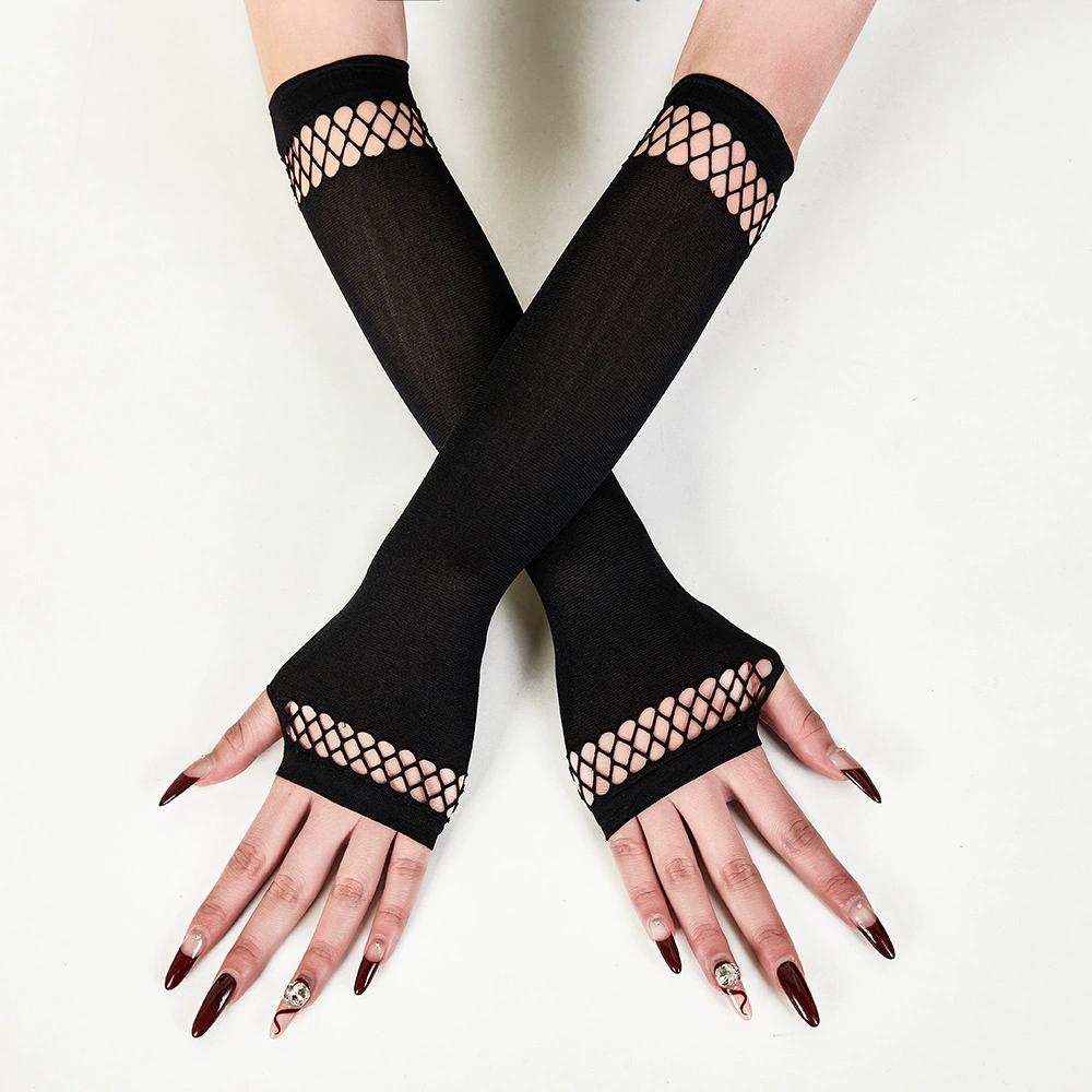 Black Fishnet Patchwork Arm Warmers, Fingerless Mesh Gloves for Punk&Gothic Style