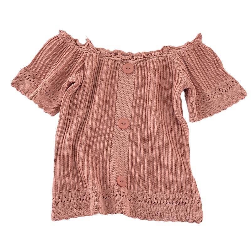 Moda Elegante Borda de Orelha de Madeira Manga Curta Ajustado Fino Gola Uma Linha Sem Alças Seção Fina Tops de Tricô Essencial Casual Pulôveres Slim Fit Camisetas