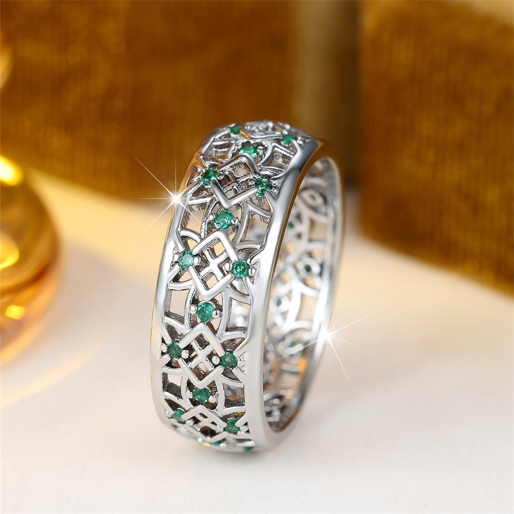 Green Crystal Hollow Zircon Stone Rings For Women Vintage Silver Color Engagement Ring Wedding Jewelry Bridal Versatile Gift