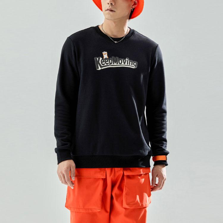 Anta Cartoon Embroidered Fleece Warm Round Neck Sports Sweatshirt Men Sweatshirt Black 952148708-4