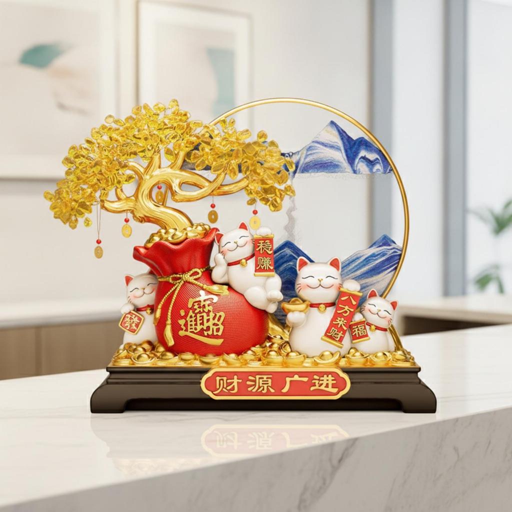 Prosperous Fortunate Cat Decor with Gold Frame Traditional