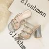 European New Women Sexy Modern Sandals Summer Girl Rivet Band High Heels Shoes Party Chunky Heels Shiny Sandals 34-41