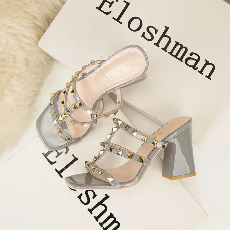 European New Women Sexy Modern Sandals Summer Girl Rivet Band High Heels Shoes Party Chunky Heels Shiny Sandals 34-41