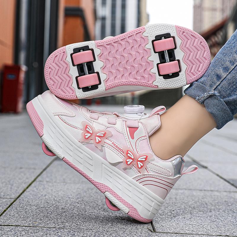 Girls's Rotating Button Four Wheel Skate Roller Shoes Roller Skating Removable  Kids Shoes with Wheels