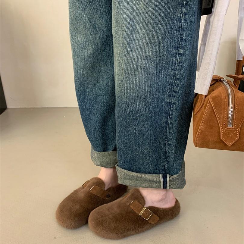 Foreign trade bag head slippers women's new warm and comfortable flat-bottomed lazy slippers in autumn and winter 2025