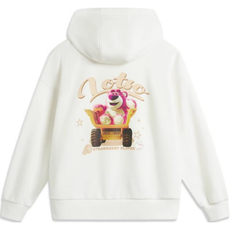 Li Ning × Disney Collaboration Pixar Strawberry Bear Series Letter Loose Hooded Fleece Pullover Long Sleeve Sweatshirt Women Sweatshirt AWDU436-1