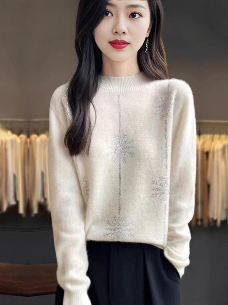 Autumn Winter Heavy Duty Rhinestone Velvet One-Piece High Collar Knit Pullover Sweater