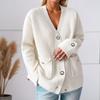 2025 Autumn/Winter Women's Long Sleeve V-neck Solid Color Knit Cardigan Sweater with Pockets