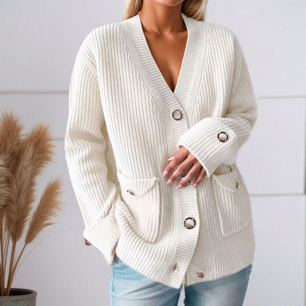 2025 Autumn/Winter Women's Long Sleeve V-neck Solid Color Knit Cardigan Sweater with Pockets