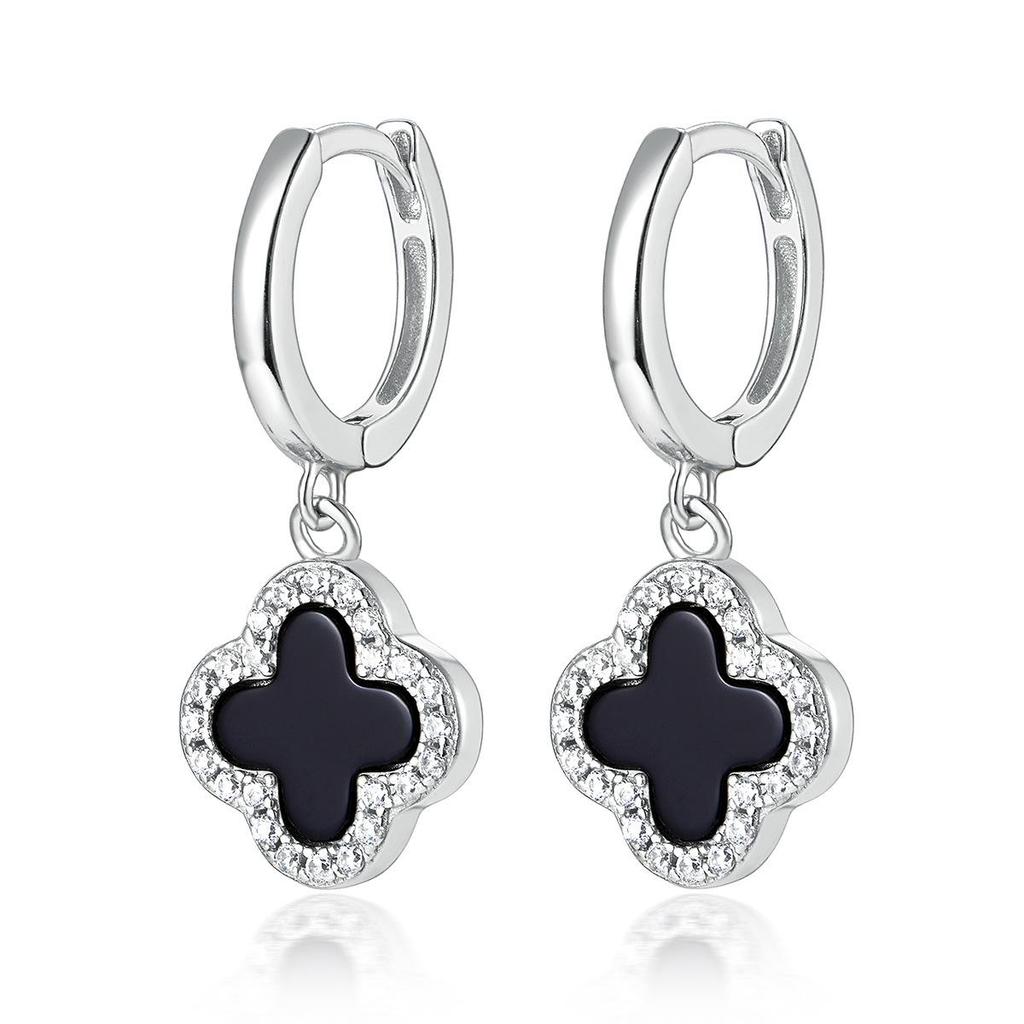 S925 Sterling Silver Four-Leaf Clover Earrings with Zircon, Black Agate, and White Mother-of-Pearl for a Luxurious High-End Look.