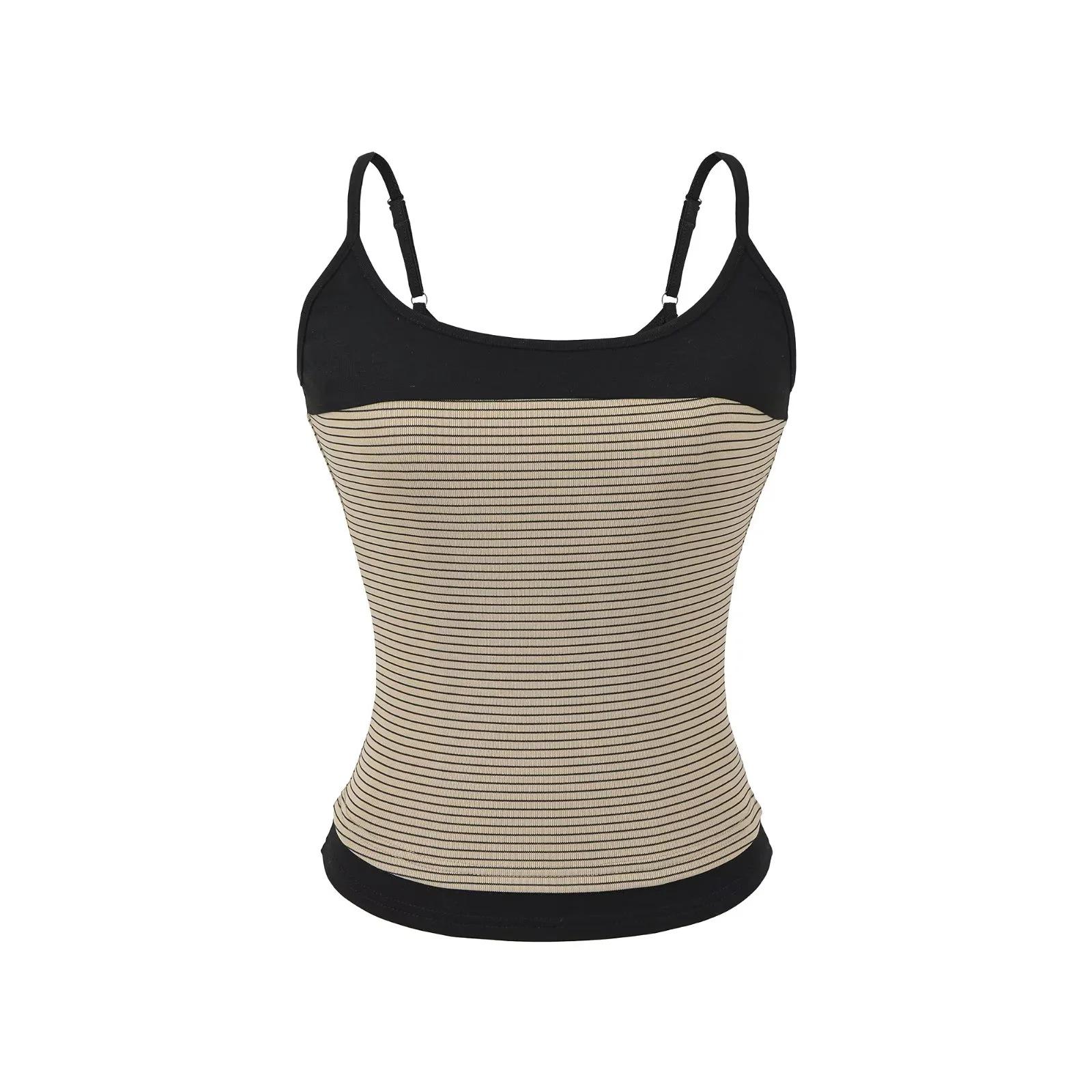 Women s Retro Striped Color Block Camisole with Patchwork and Beautiful Back Design Small