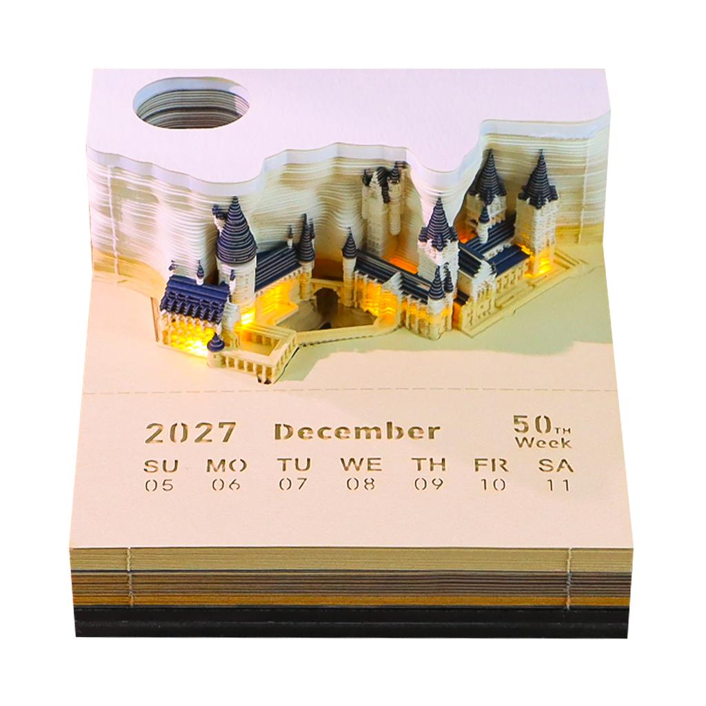 Wizard Magic Castle 2027 Calendar 3D Memo Pad with LED Light & Pen Holder Creative Paper Carving Art Sculpture Desk Decor Gift