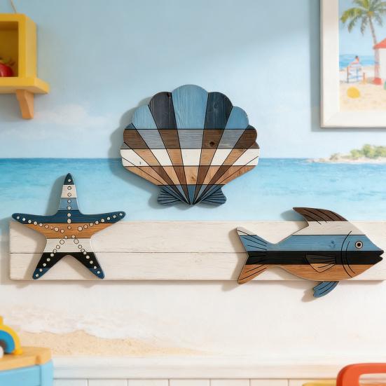 3 Pcs Wood Fish Shell Starfish Beach Wall Decor Rustic Nautical Lake House Hanging Sculpture Ocean Coastal Theme Wall Art for Bathroom Bedroom