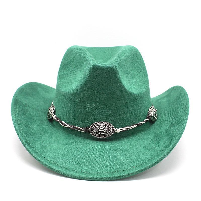 Semišový Upturned Edge Western Cowboy Klobouk Muži a ženy Outdoorový cestovní klobouk Rolled Brim Etnický styl Cylindr Plstěný klobouk