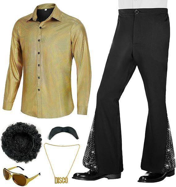 6pcs Men Disco Costume Set 1970s Retro Stage Performance Suit With Big Hair Sunglasses Mustache And Necklace Halloween Costume