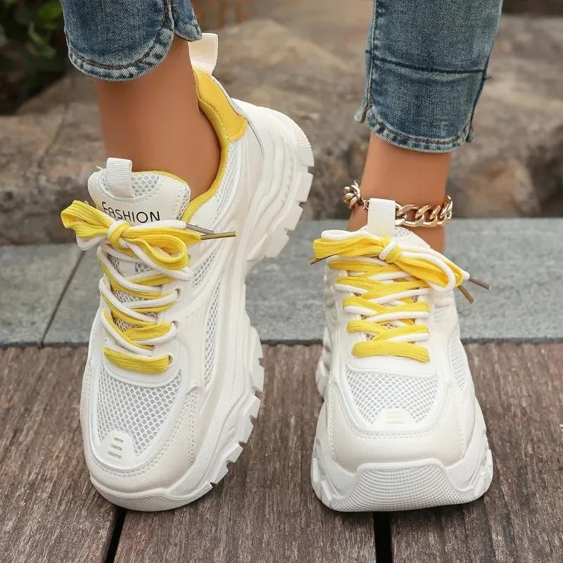 Fashion Dad Shoes Women's 2024 Spring and Autumn New Thick Bottom Mesh Casual Breathable Height Increasing Sports Shoes