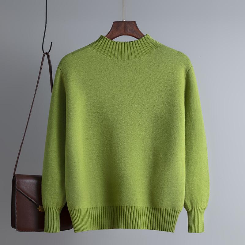 Women's Winter Korean Style Fleece Knit Pullover, Solid Color, Half-High Collar, Slim-Fit Base Layer Top.