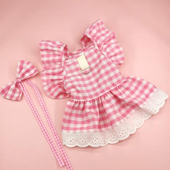 Yousheng 1 Set Pet Princess Dress Lace Patchwork Eye-catching Comfortable Soft Square Collar Dress Up Ruffle Sleeves Plaid Print Puppy Dog Skirt Pet