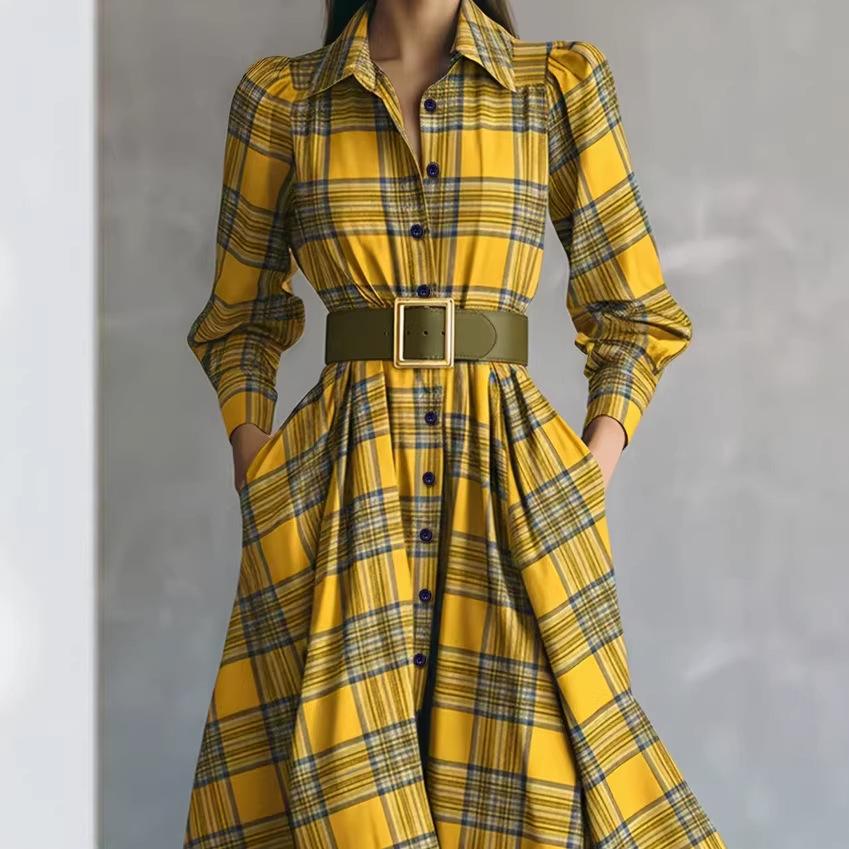 European and American French Style Retro Plaid Waist Fashionable and Elegant Big Swing Dress