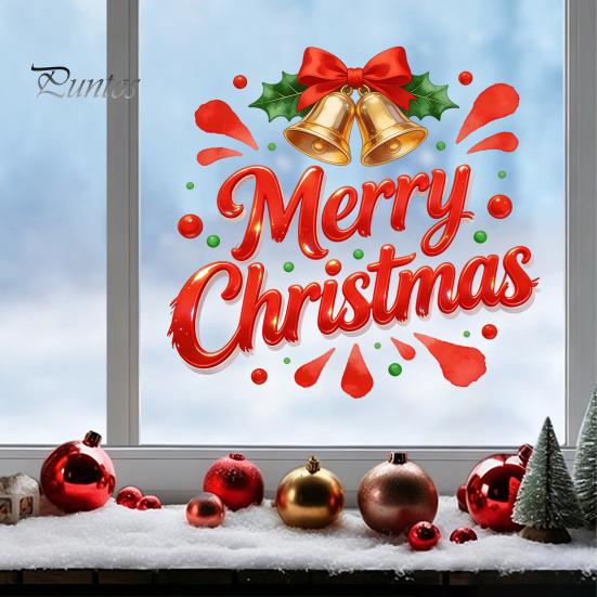 Christmas Window Clings Merry Static Glass Sticker, Decals with Bell Holiday Store Displays Elements, Removable for Home Party Decorations Ornaments
