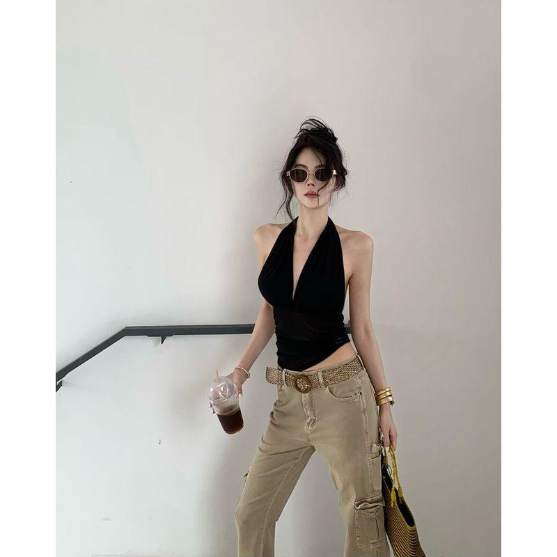 

Kumikumi Gyaru Style Brown Pleating Hanging Neck Cami Women Summer Sexy Waist Hugging Slimming Short Top Black One size