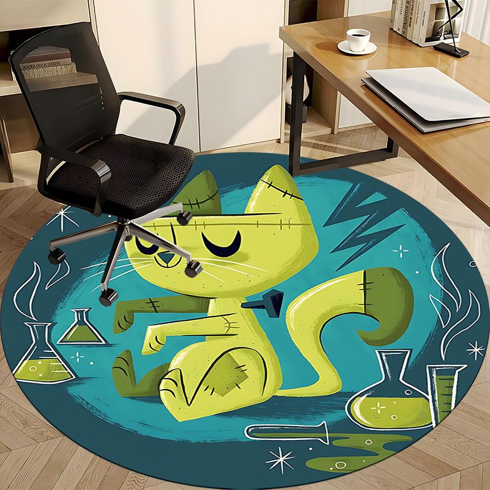 1pc Green Cat Office Round Area Rug, Under Office Chairs Bedroom Living Room Home Decor, Room Deco