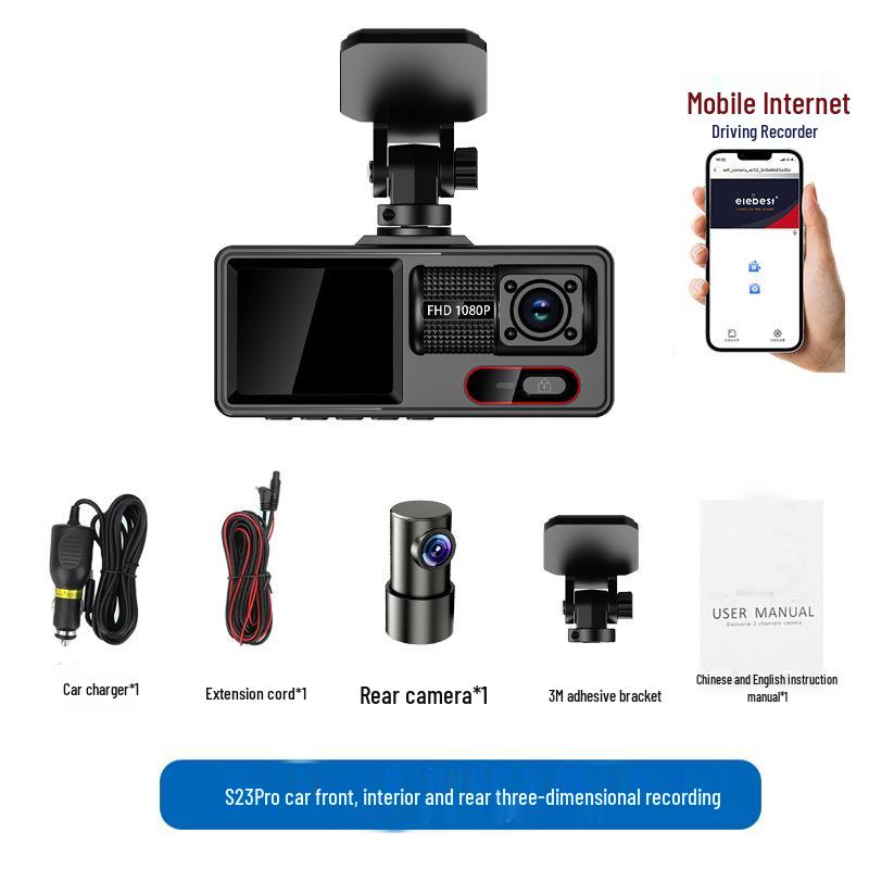 High-Definition Dual-Lens Dash Cam with Wide-Angle Night Vision and WiFi for Front, Interior, and Rear Recording