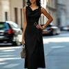 Ärmelloses Midikleid mit asymmetrischem Saum, Taillenbinde-Detail, drapiertem Ausschnitt, elegante Passform mit ausgestelltem Rock, geeignet für verschiedene Anlässe