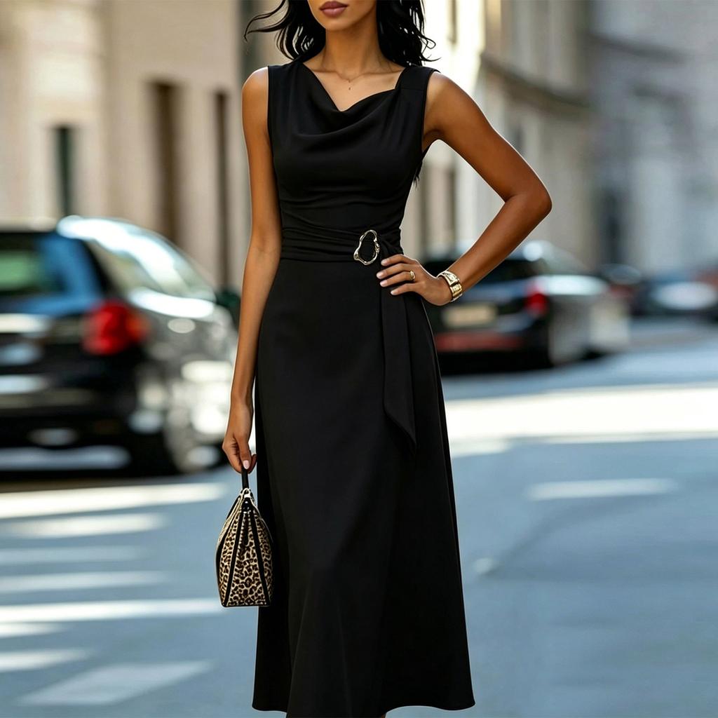 Ärmelloses Midikleid mit asymmetrischem Saum, Taillenbinde-Detail, drapiertem Ausschnitt, elegante Passform mit ausgestelltem Rock, geeignet für verschiedene Anlässe