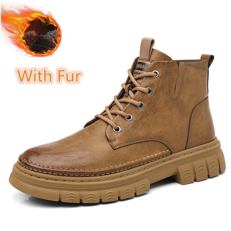 Classic Mens Sneakers Fashion Motocross Boots Lace Up Non-Slip Ankle Boots Winter Plush Snow Boots Mens High Top Outdoor Shoes
