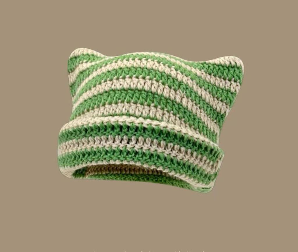 Women's Cute Japanese Cat Ear Wool Hat - Warm & Versatile for Autumn/Winter, Striped, Couple's Pullover Style.