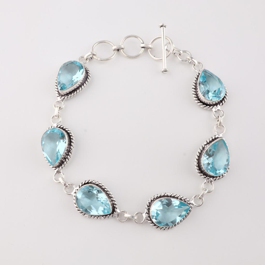 Himmelblauer Topas Edelstein 925 Sterlingsilber Schmuck Handgefertigt Damen Armband 7-9" RB-18-3