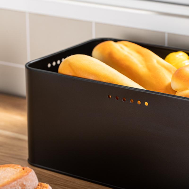 Simple square bamboo cover storage box, kitchen baking products breathable fresh-keeping storage tank, black metal bread box.