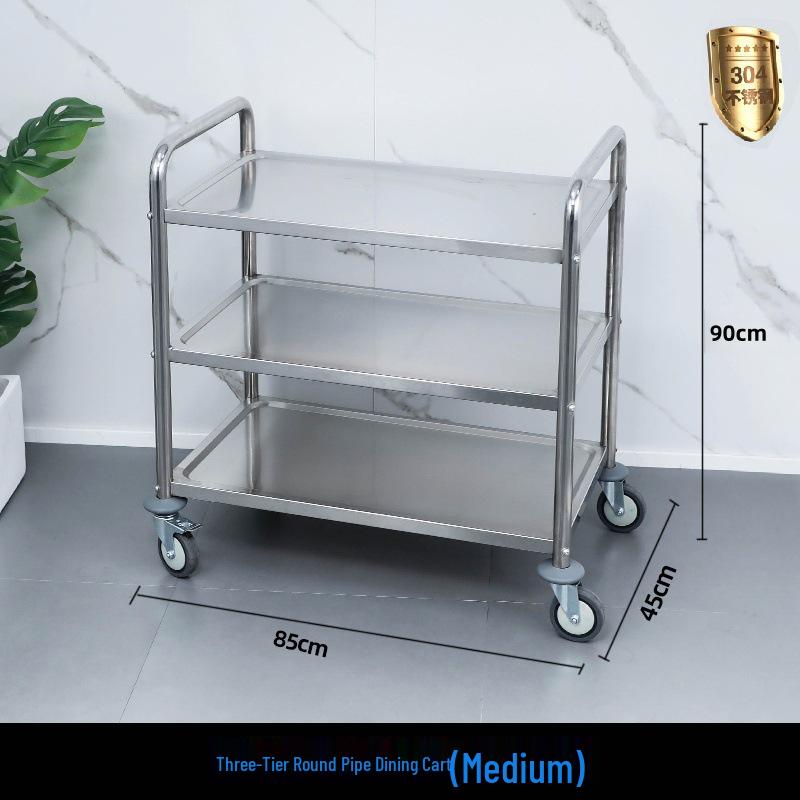 Three-tier Stainless Steel Service Cart: Meal, Food, Beverage, and Dish Collection Trolley for Restaurants and Hotels.