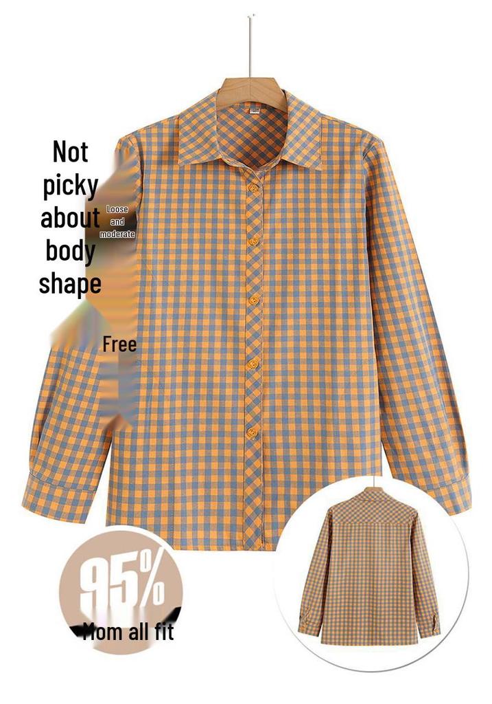 Spring/Autumn Plaid Loose Long-Sleeve Shirt for Women Aged 50-60